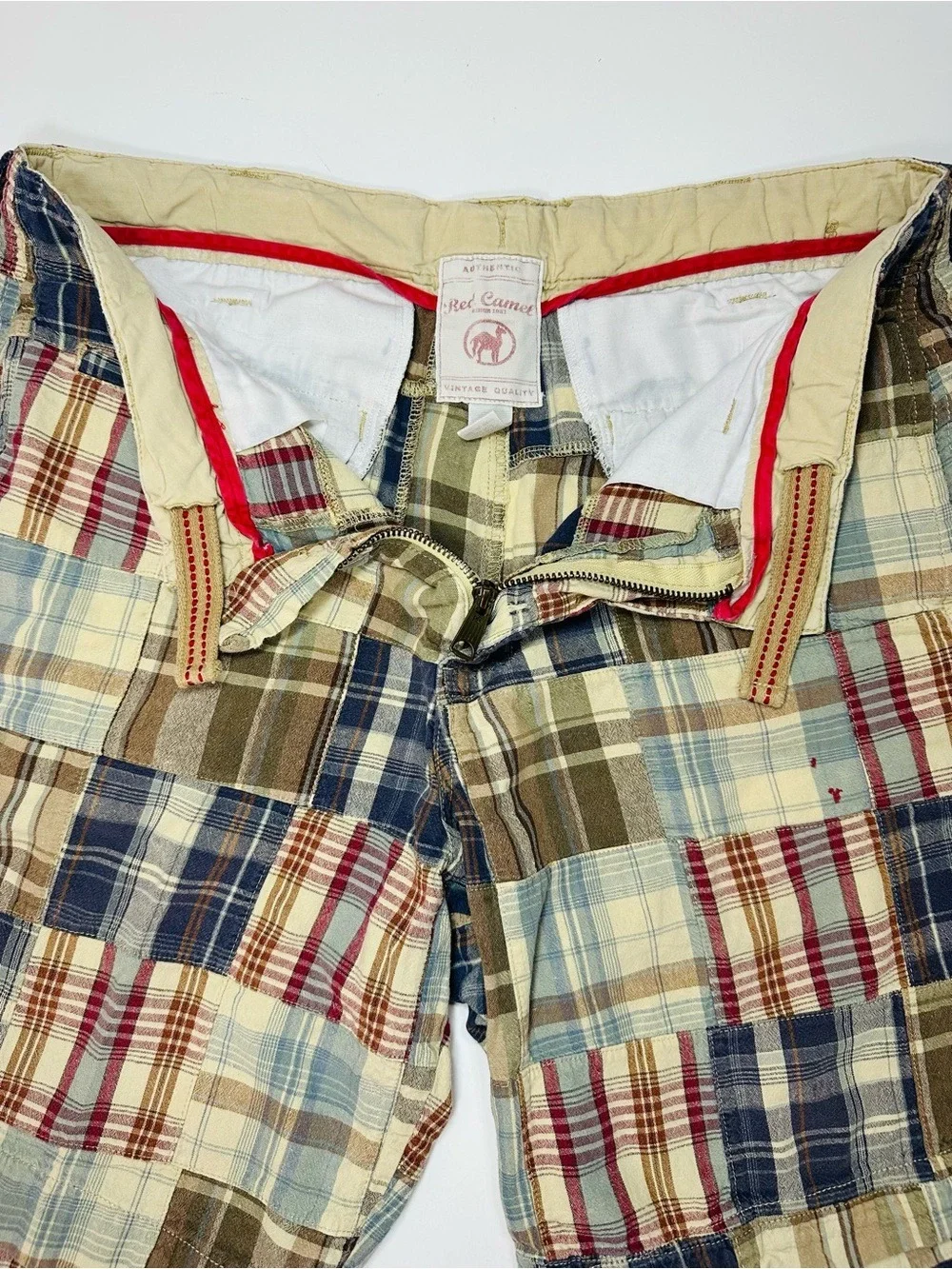 RED CAMEL MADRAS PATCHWORK PLAID SHORTS MEN 32 COASTAL PREP NANTUCKET 90s-2010